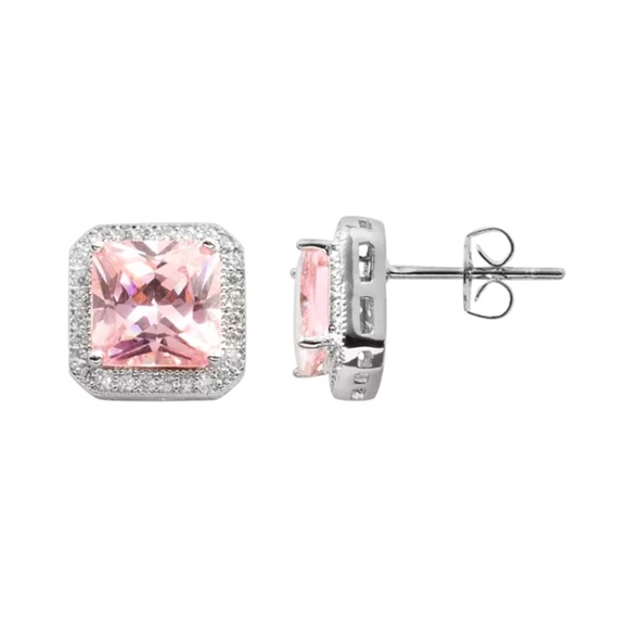 The Silver Lining Silver Plated Pink & White CZ Square Frame Stud Earrings - Picture 1 of 1